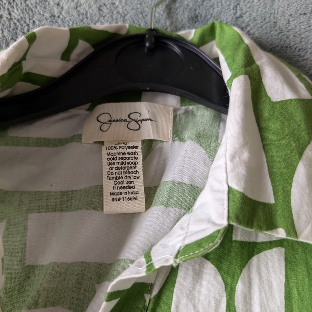 Jessica Simpson Green and White Geo Patterned Mini Summer Button Dress XS - Picture 9 of 9